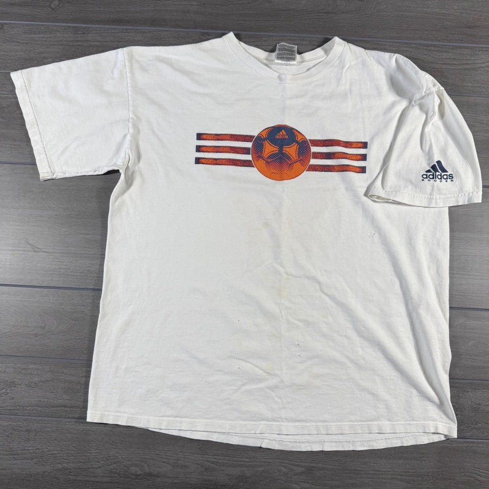Adidas Soccer T-Shirt XL White Vintage 00s Graphic Tee Three Stripes Ball